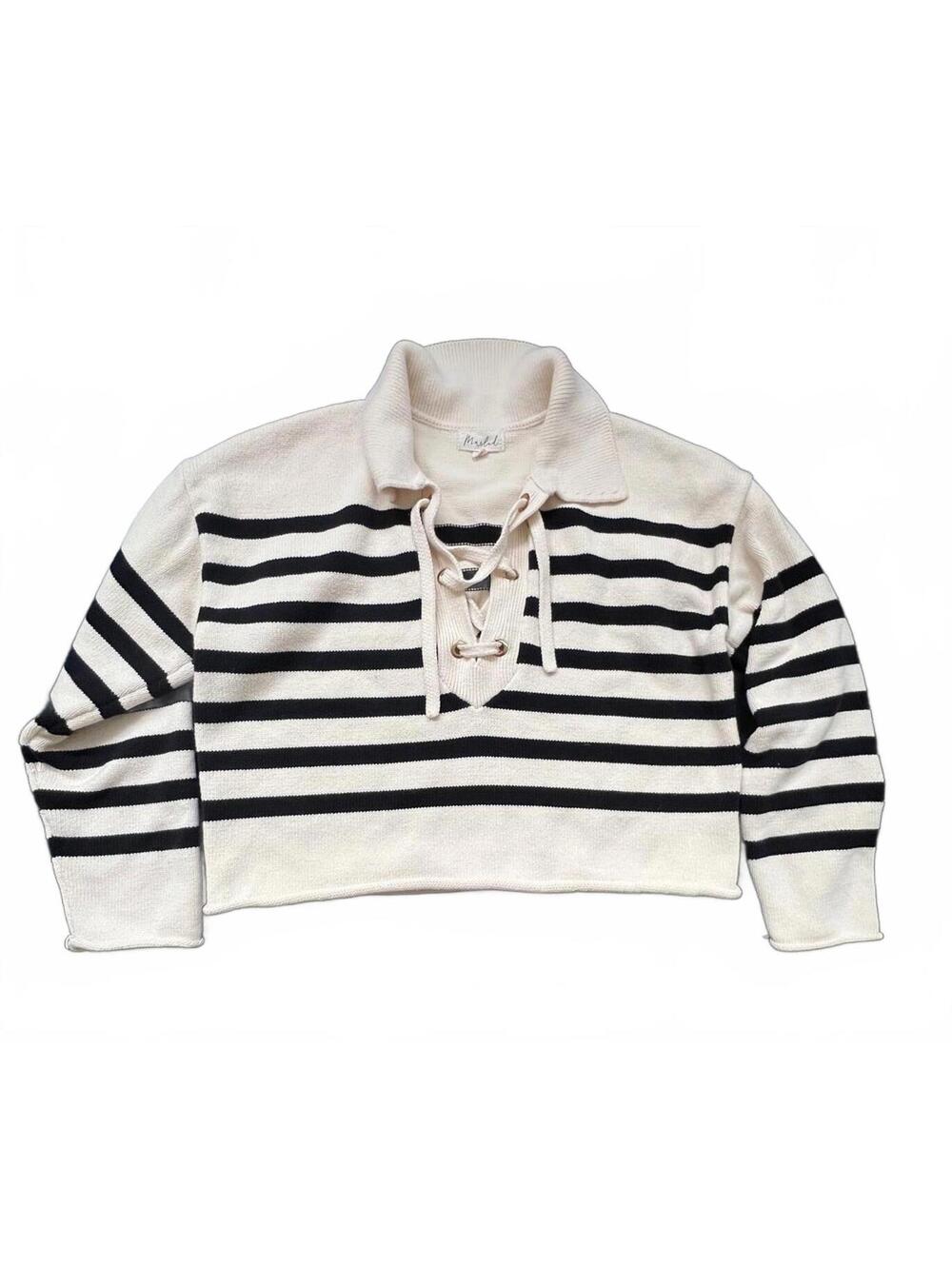 Marled Cotton Cream & Navy Cropped Sweater - XL